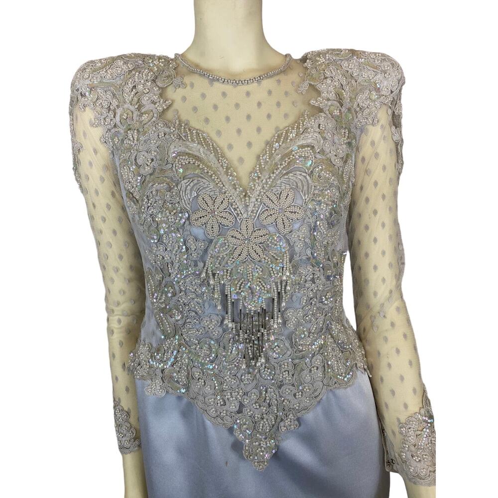 1990s Vintage Ice Blue Beaded Formal Gown Sheer Lace Bodice Custom S-M